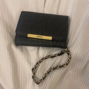 Guess Small Gold and Black Monogram Chain Wallet Purse Faux Leather